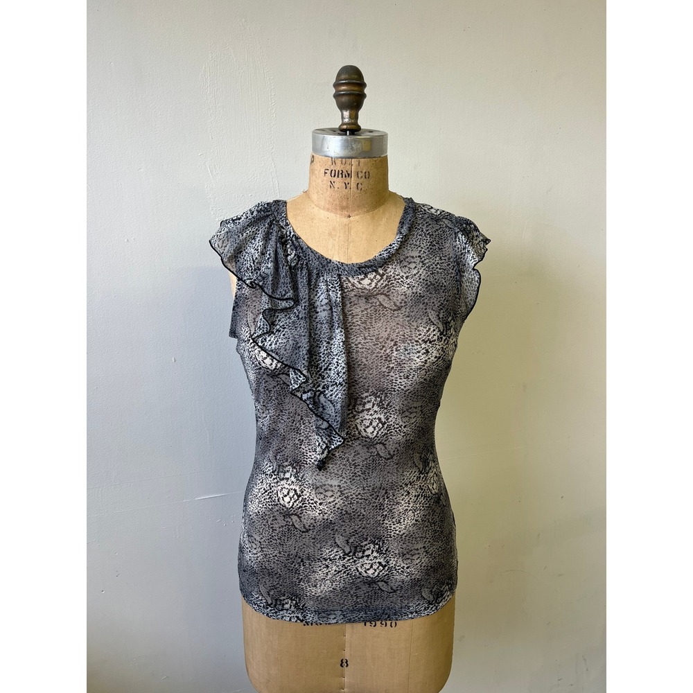 The Limited Women Grey Black Snake Animal Print Mesh Ruffle Sleeveless Top S NWT